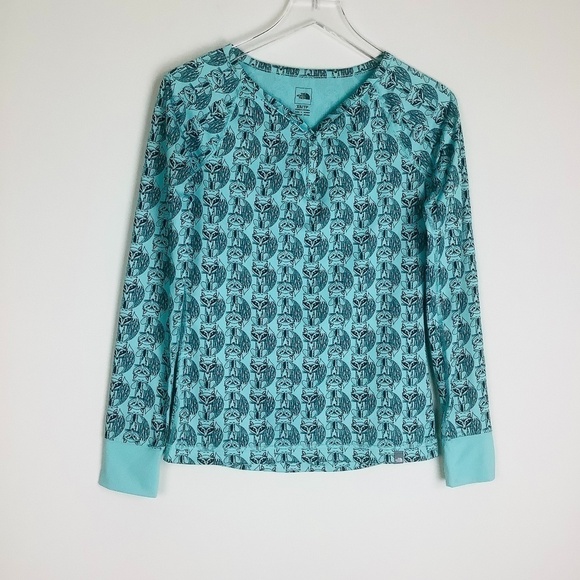 North Face Women's Base Layer Fox Print Long Sleeve Snap Button Teal Shi… - Picture 2 of 11
